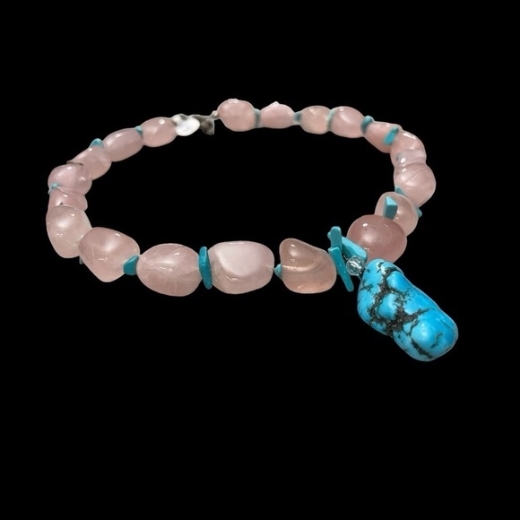Sterling Silver Rose Quartz and Arizona Turquoise on a 8.5" ( 22cm) strand. - Picture 4 of 13
